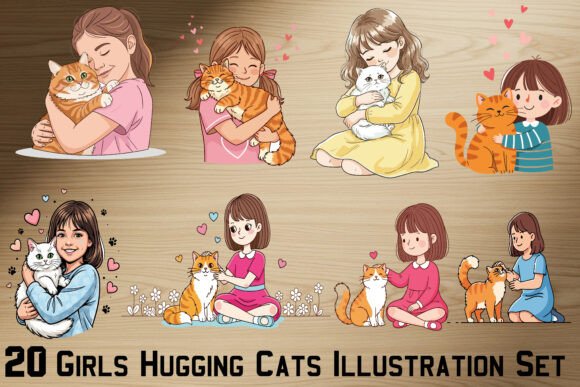 20 Girls Hugging Cats Illustration Set: A Versatile Graphic Design Asset for Branding and Marketing